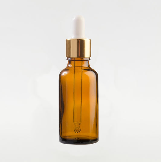 30ml Amber Glass Bottle with Gold Collar Pipette and White Teat